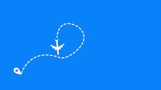 Minimalist plane travel track with destination icon, two location point travel plane animation, travel and vacation concept with alpha channel, 4k video.