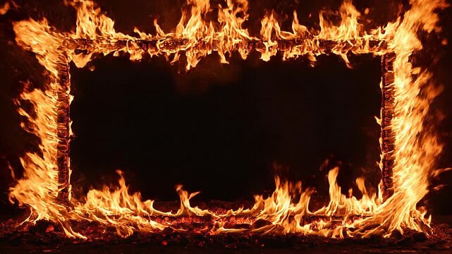 Animated fire frame on black background concept. Burning fire frame with bright orange flames on black background dramatic fire pattern
