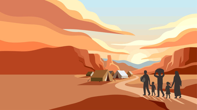 World Refugee Day A compelling illustration of a displaced family's arduous journey through an arid landscape, symbolizing global challenges and resilience