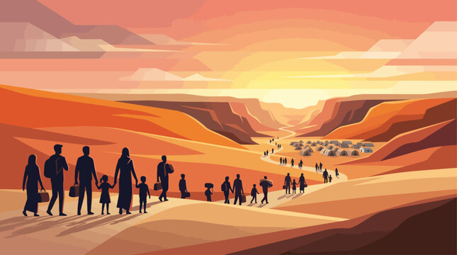 World Refugee Day Families and individuals undertake a perilous journey through a desolate desert, seeking safety and a new beginning, highlighting global displacement challenges