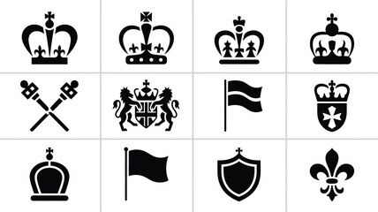 A clean grid layout of 12 black silhouettes of royal crests crowns flags shields and fleur de lis on white background for design and branding use © Soma