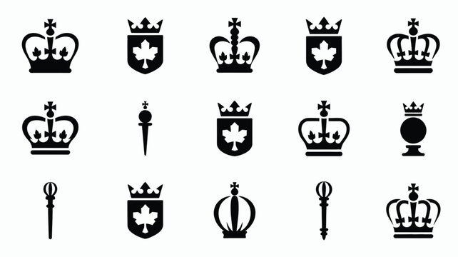 Graphic design featuring twelve black crown and shield icons on a white background for royalty and nobility concepts