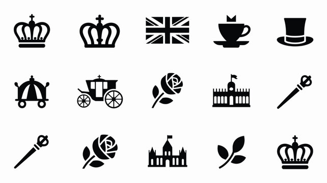 Collection of 16 british themed icons including crowns royal symbols and london landmarks on white background