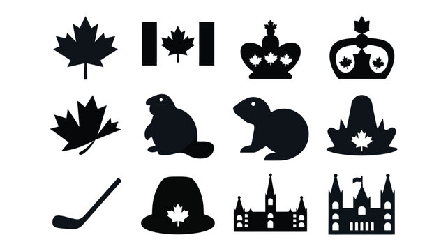Black silhouette icons of canadian symbols including maple leaf beaver parliament hockey and mountie hat