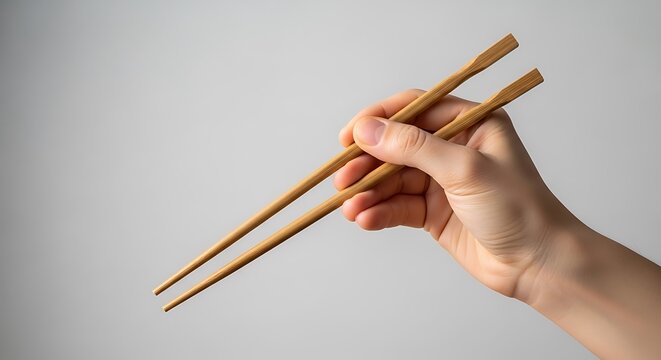 Hand holding wooden chopsticks on a grey background close up