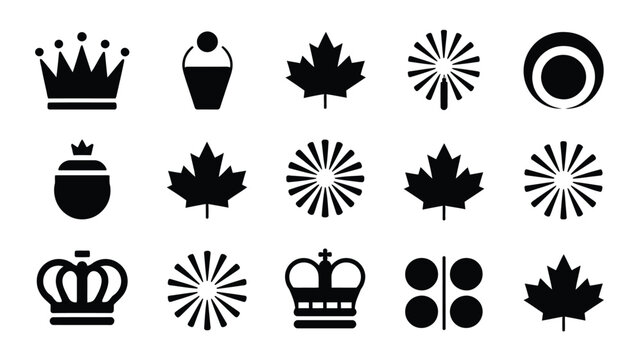 Black and white geometric icon set featuring 12 minimalist silhouettes including crowns maple leaves and abstract patterns