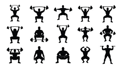 Obraz premium Silhouette icons of men performing various weightlifting exercises including squats presses and lunges in a minimalist black design