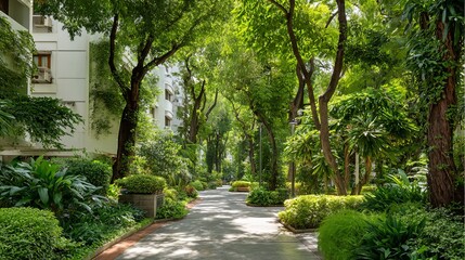 Fototapeta premium A serene and well-manicured pathway surrounded by lush greenery and trees in a peaceful urban setting