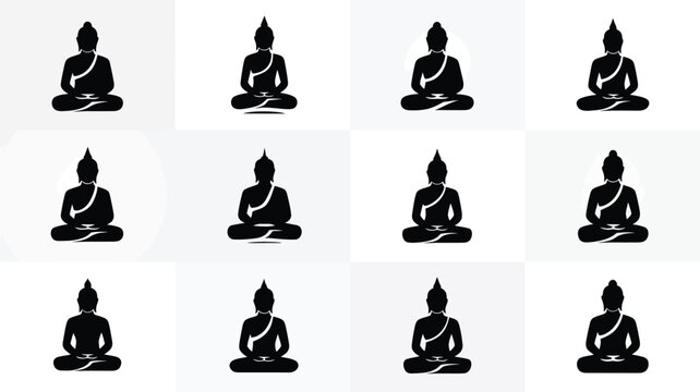 Twelve black silhouettes of buddha statues in meditative pose arranged in a clean grid layout on a minimalist white background