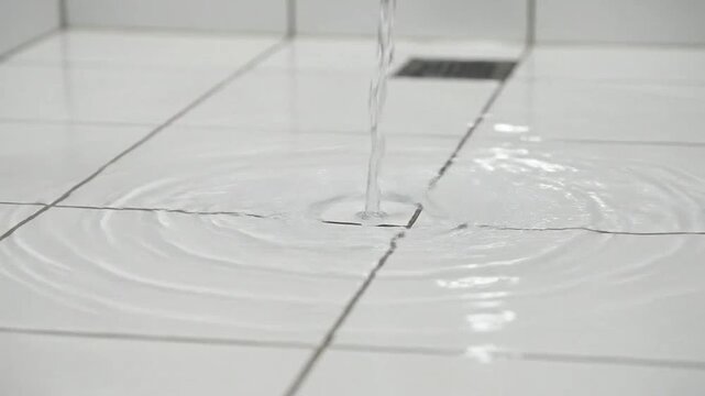 Clear water flows onto white ceramic tiles creating ripples in a bathroom setting