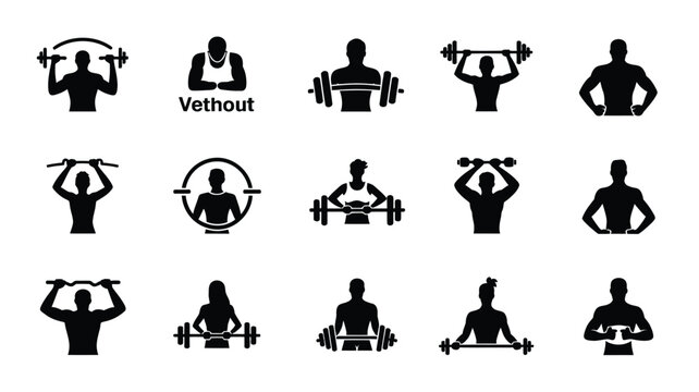 Silhouette icons of men performing various fitness exercises with barbells and dumbbells in minimalist black and white style