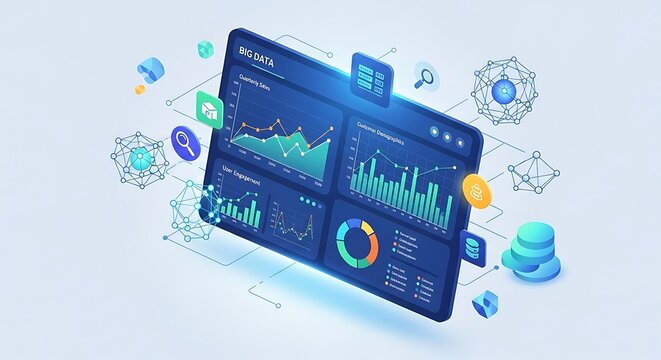 Data analytics concept illustration showing charts and graphs on a digital display