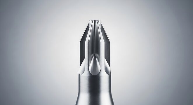 Macro close-up of a precision metal screwdriver bit tip on grey background