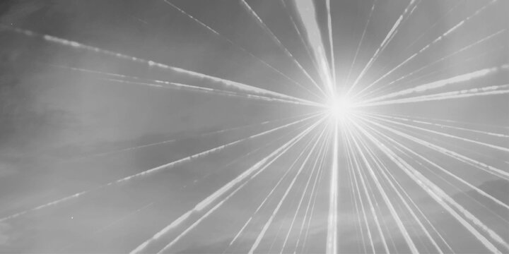A bright white light source with a starburst lens flare effect on light grey gradient background. Bright White Light Rays Burst Background. featuring glowing sunlight and white beams grey background.