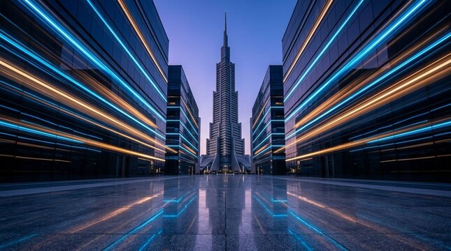 Towering corporate building between glass skyscrapers with dynamic light motion blur symbolizing digital connectivity and high speed data