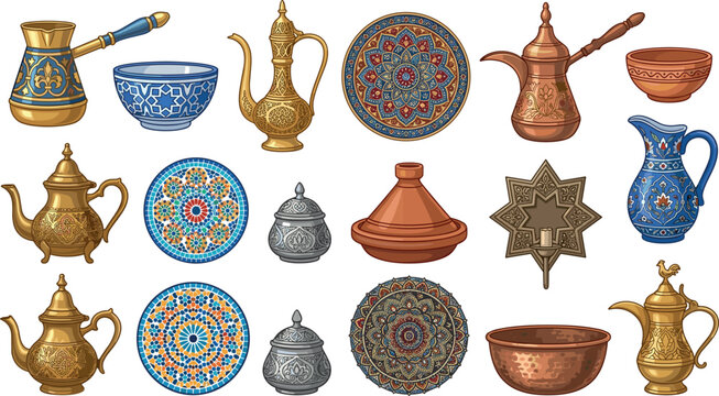 Traditional Middle Eastern and Moroccan Pottery, Teapots, and Ceramics Vector Illustration for Cultural, Art, and Home Decor Design