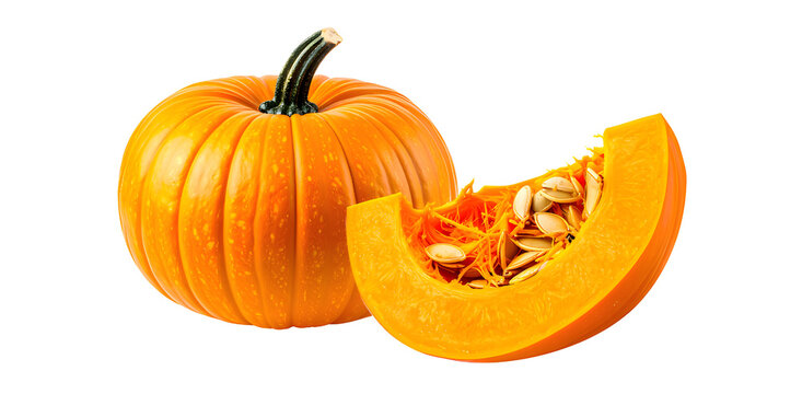 set of fresh whole pumpkin yellow and slice in half cut with visible seeds and fresh texture, on white. Perfect for cooking recipes, food education,  design,agriculture , and culinary advertisement