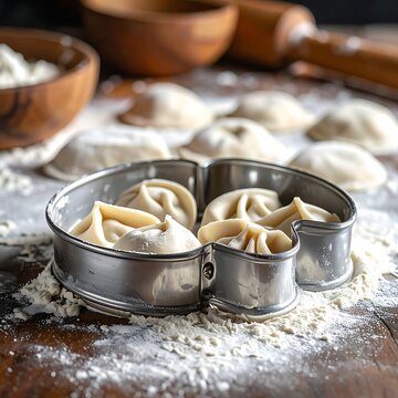 Dumplings in metal cooking molds flour.