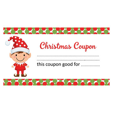 Christmas coupon with elf character and red and green polka dot border holiday