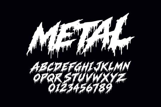 A white metal font alphabet and numbers on a black background.
