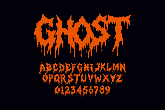 An orange dripping metal font alphabet with the word Ghost and letters and numbers on a black background.