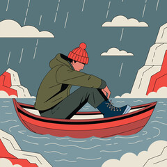 Man in Red Boat During Rainy Weather. © zixu