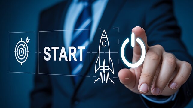 Businessman activates rocket launch button with finger