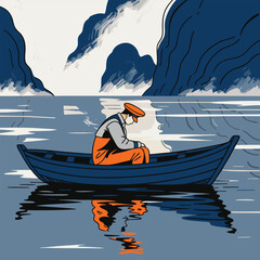 Lonely Fisherman on Boat in Mountain Lake. © zixu