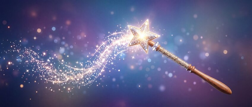 Glitter magic wand with sparkling trail on soft gradient background