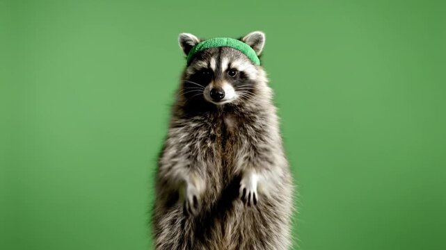 High quality seamless loop animation of cute raccoon dancing upright rhythmic motion small steps swaying side to side paw gestures fluffy fur texture headband accessory subtle bounce clean chroma key 