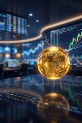 Fototapeta premium Golden oil drop with world map over financial market growth chart