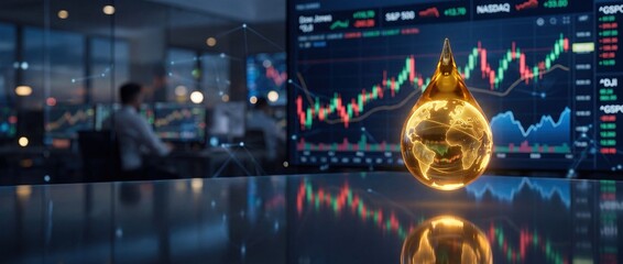 Fototapeta premium Golden oil drop with world map over financial market growth chart