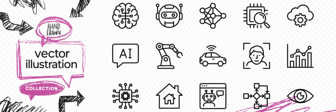 Line art outline vector icon set of artificial intelligence robotics brain and cyber machine automation