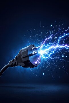 Electric power surge from plug with blue lightning energy concept