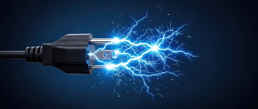 Electric power surge from plug with blue lightning energy concept