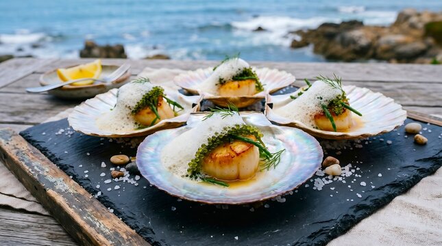 Four seared scallops with foam, sea grapes, and dill served in iridescent shells on a slate board by the ocean, gourmet seafood dish presentation