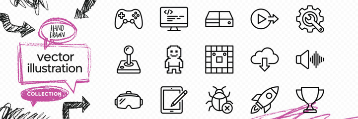Line art outline vector icon set of virtual reality vr gaming console joystick play and entertainment © Broke Stoke