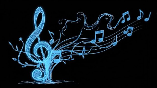 A glowing blue musical tree illustration with floating notes on a dark background