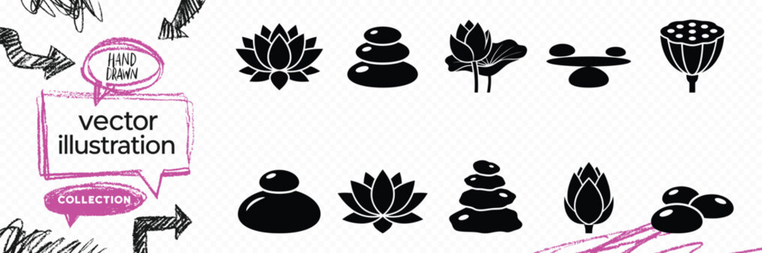 Line art outline vector icon set of spa wellness zen yoga massage relaxation beauty and meditation elements