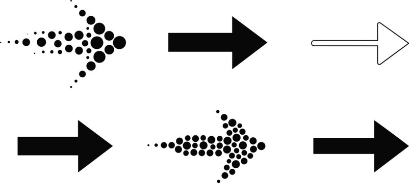 Vector illustration of diverse arrow silhouettes including dotted, solid, and outlined styles for design and navigation concepts