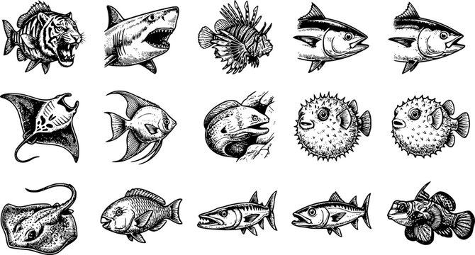 Hand Drawn Sea Fish Icon Collection Vector Illustration Set with Shark Tuna Pufferfish Stingray Angelfish Lionfish and Tropical Marine Animals