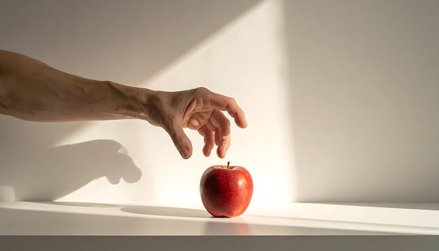 Hand reaching for a red apple.