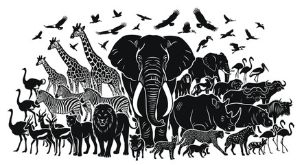African wildlife silhouettes with birds detailed black and white illustration © farhan