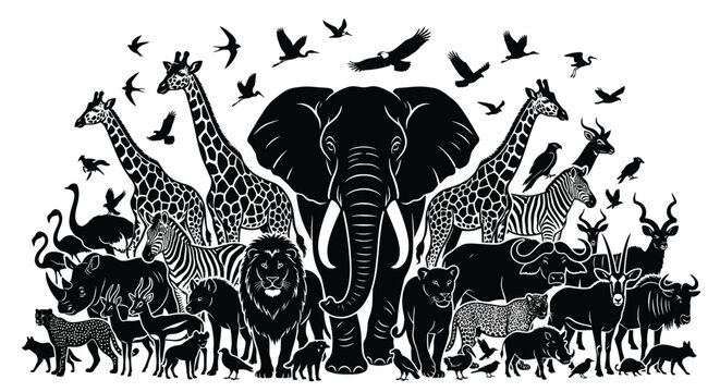African wildlife silhouette illustration with elephants giraffes and lions