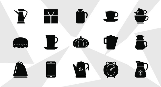 Collection of black silhouette icons representing kitchen and lifestyle items