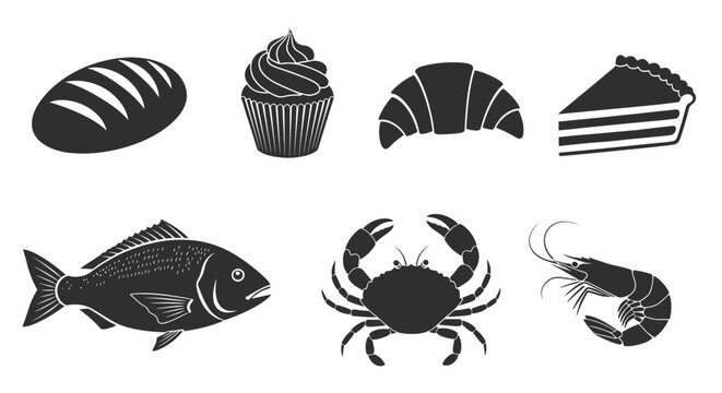 Black and white silhouettes of various food items including seafood and pastries