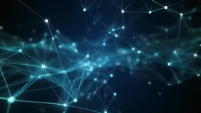 Abstract digital network connection with glowing nodes and lines forming a complex structure representing modern data and information technology systems