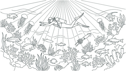 Scuba diver swimming underwater ocean life coral reef fish jellyfish squid. © NAZMA
