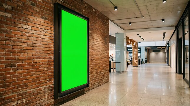 Empty luminous display screen mounted on a rustic brick wall inside a well lit commercial walkway ready for your advertising content projection and digital signage placement