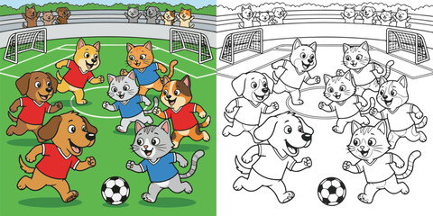 Fototapeta premium pet animals playing chasing football soccer cartoon vector illustration lineart and clipart for children coloring book